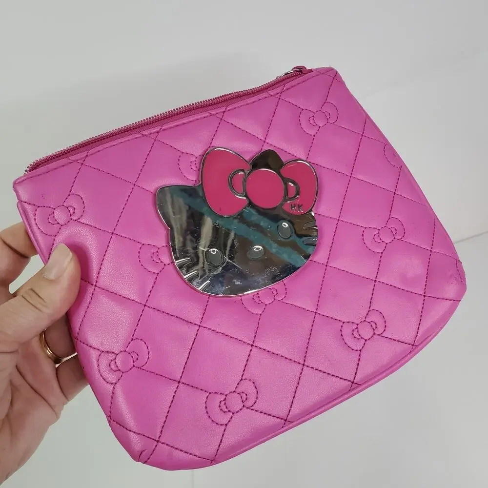 Sanrio Hello Kitty PINK Cosmetic Metal emble Pouch Bag Purse zip Closure Clutch